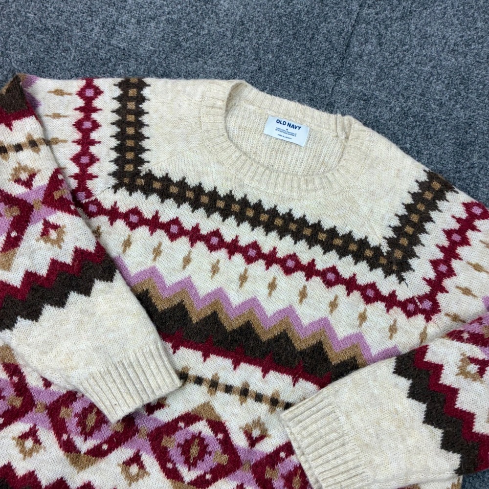 Old Navy Womens Size Medium Fair Isle Crewneck Sweater Cream Pink Burgundy